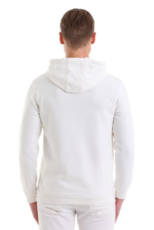 Beyaz Regular Fit Düz Pamuklu Kapüşonlu Kanguru Cepli Sweatshirt - Thumbnail