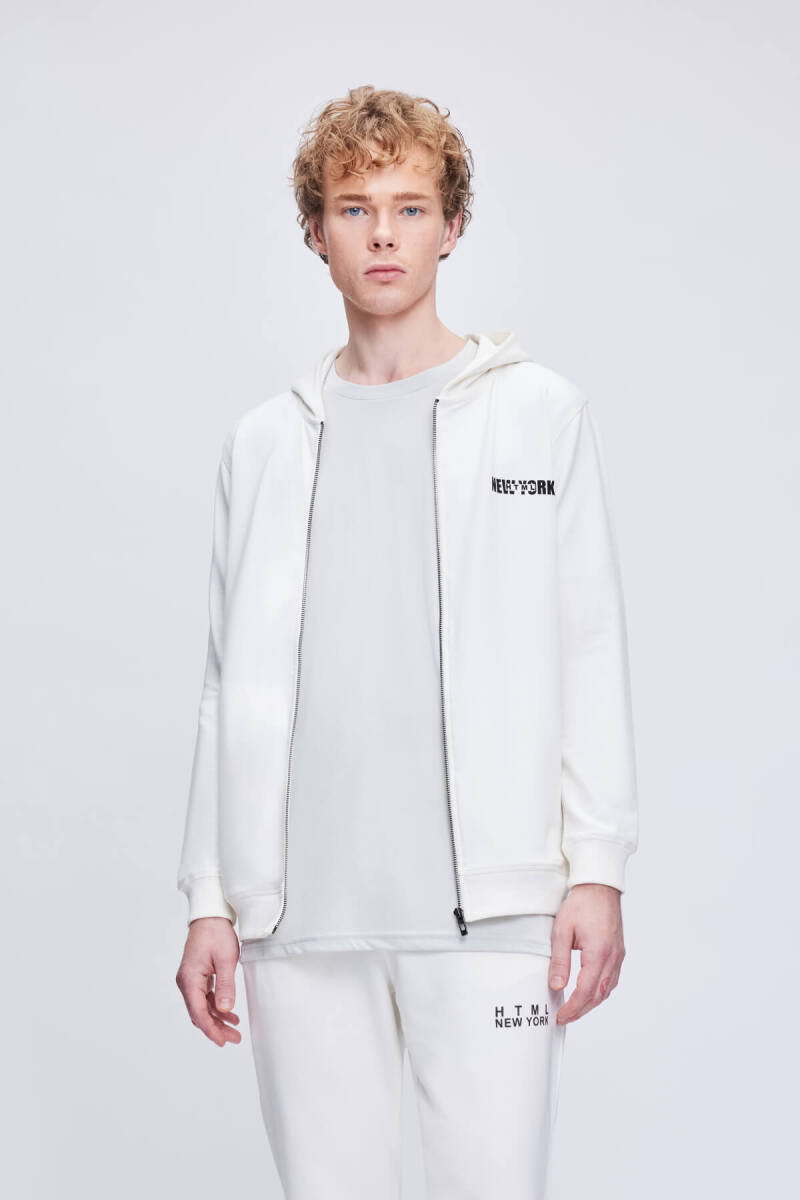 Beyaz Regular Fit Pamuklu Tam Boy Fermuarlı Sweatshirt - HTML