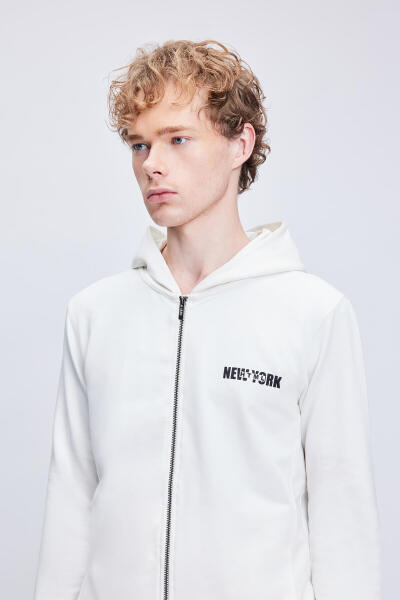 Beyaz Regular Fit Pamuklu Tam Boy Fermuarlı Sweatshirt - 3