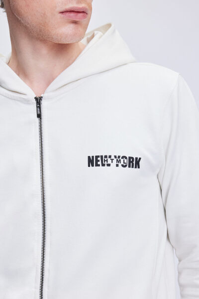 Beyaz Regular Fit Pamuklu Tam Boy Fermuarlı Sweatshirt - 4