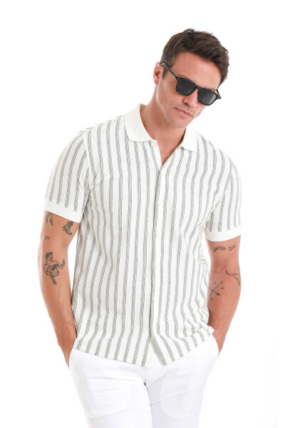 Beyaz Regular Fit Çizgili Polo Yaka Pamuklu Tişört - 1