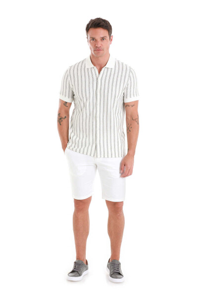 Beyaz Regular Fit Çizgili Polo Yaka Pamuklu Tişört - 2