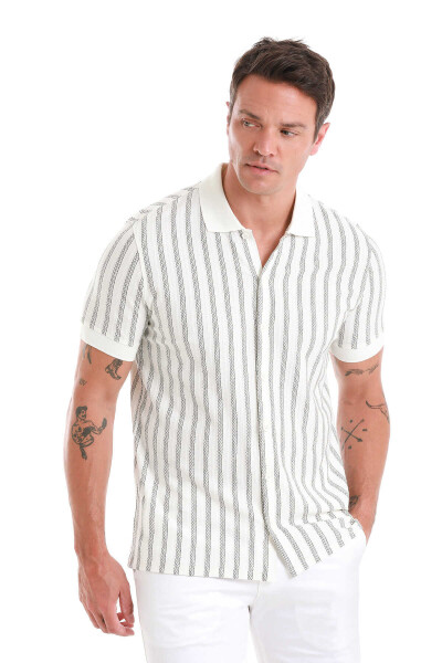 Beyaz Regular Fit Çizgili Polo Yaka Pamuklu Tişört - 3