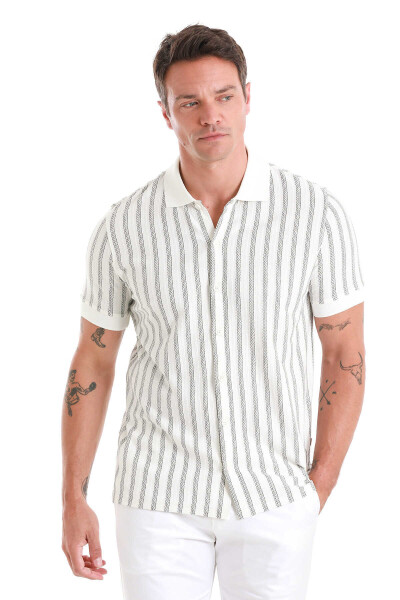 Beyaz Regular Fit Çizgili Polo Yaka Pamuklu Tişört - 4