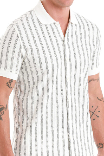 Beyaz Regular Fit Çizgili Polo Yaka Pamuklu Tişört - 5