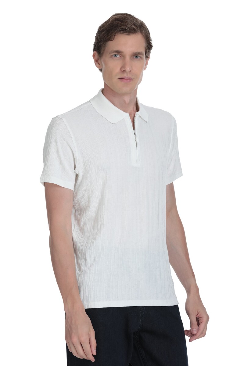 Beyaz Regular Fit Fermuarlı Polo Yaka Tişört - Saykı