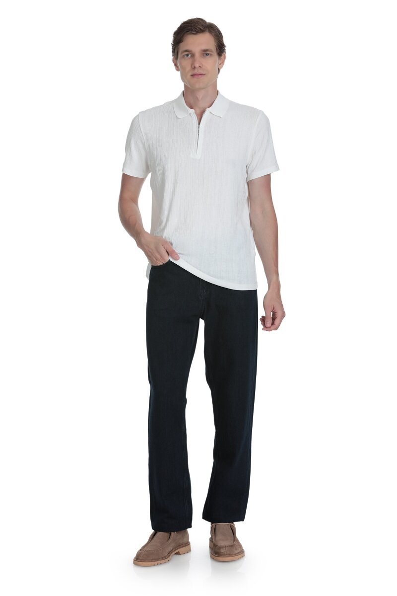 Beyaz Regular Fit Fermuarlı Polo Yaka Tişört - Saykı (1)
