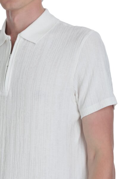 Beyaz Regular Fit Fermuarlı Polo Yaka Tişört - 4