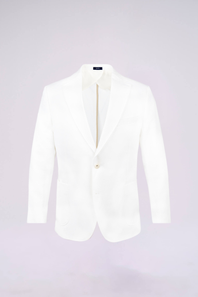 Beyaz Regular Fit Mono Yaka Desenli Casual Keten Ceket 