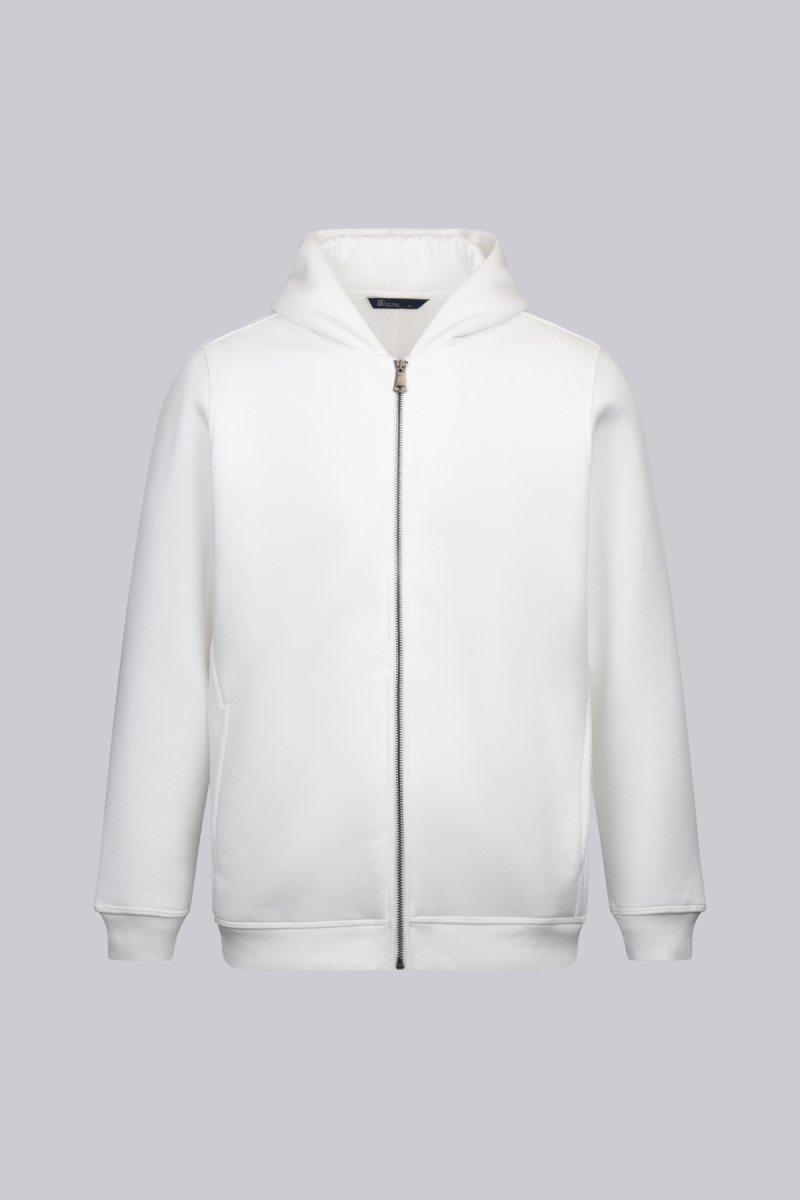 Beyaz Regular Fit Pamuklu Tam Fermuarlı Kapüşonlu Sweatshirt - HTML