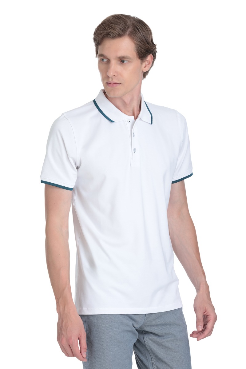 Beyaz Regular Fit Polo Yaka Pamuklu Rayon Tişört - Saykı