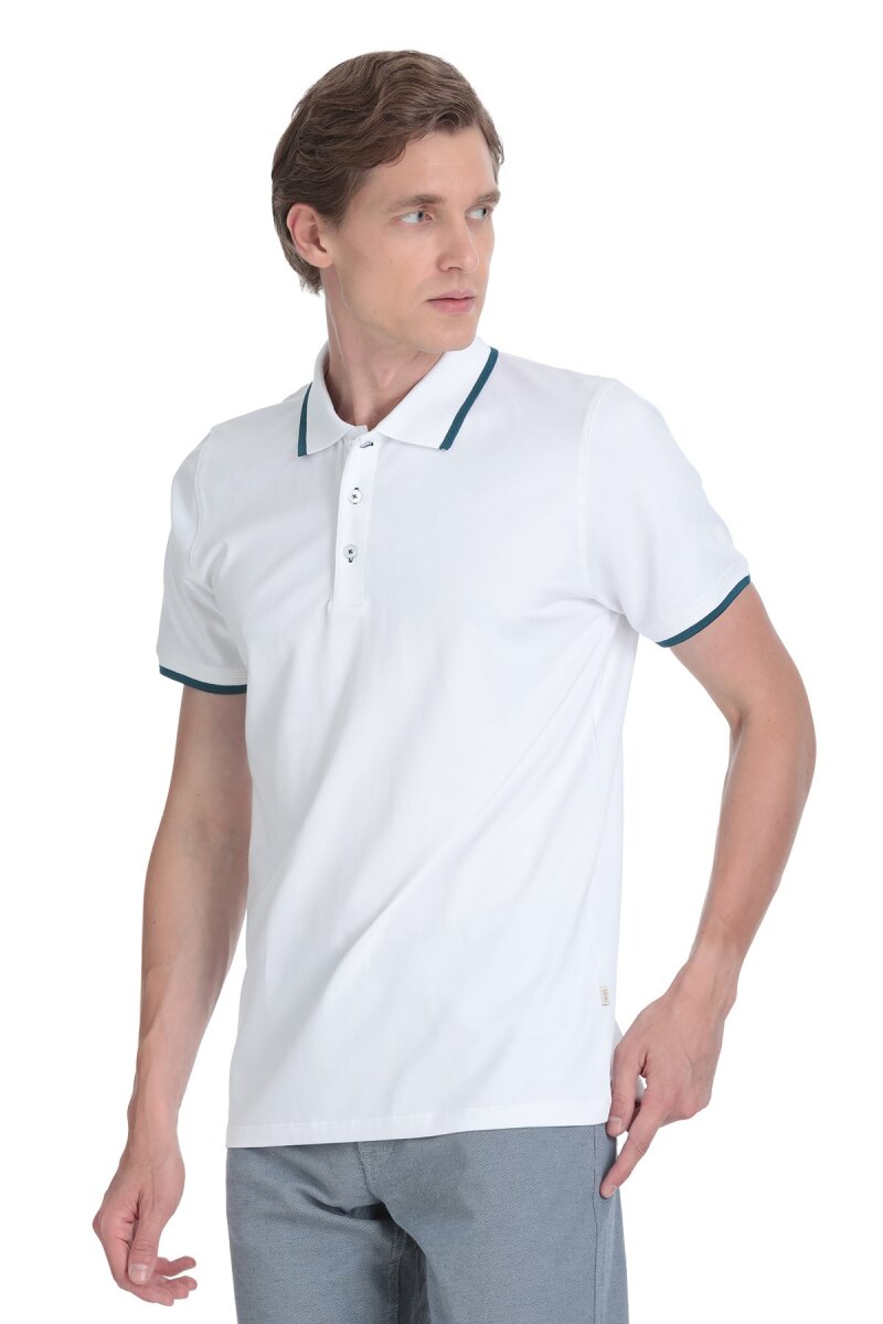 Beyaz Regular Fit Polo Yaka Pamuklu Rayon Tişört - Saykı (1)