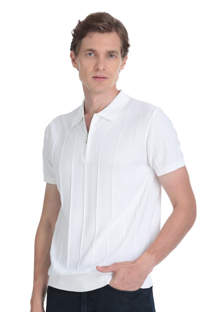 Beyaz Regular Fit Polo Yaka Rayon Tişört - Saykı
