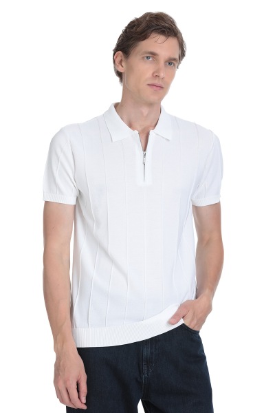 Beyaz Regular Fit Polo Yaka Rayon Tişört - 3