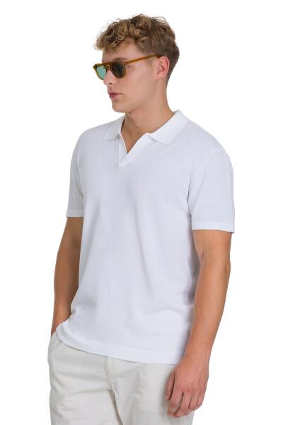 Beyaz Regular Fit Polo Yaka Rayon Tişört - 3