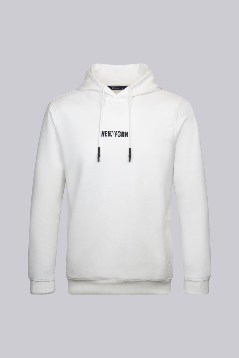 Beyaz Regular Pamuklu Kapüşonlu Kanguru Cepli Sweatshirt - HTML