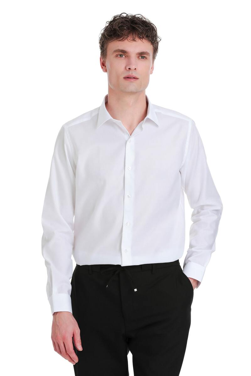 Beyaz Slim Fit 100% Pamuk Slim Yaka Pamuklu Uzun Kollu Gömlek - Saykı