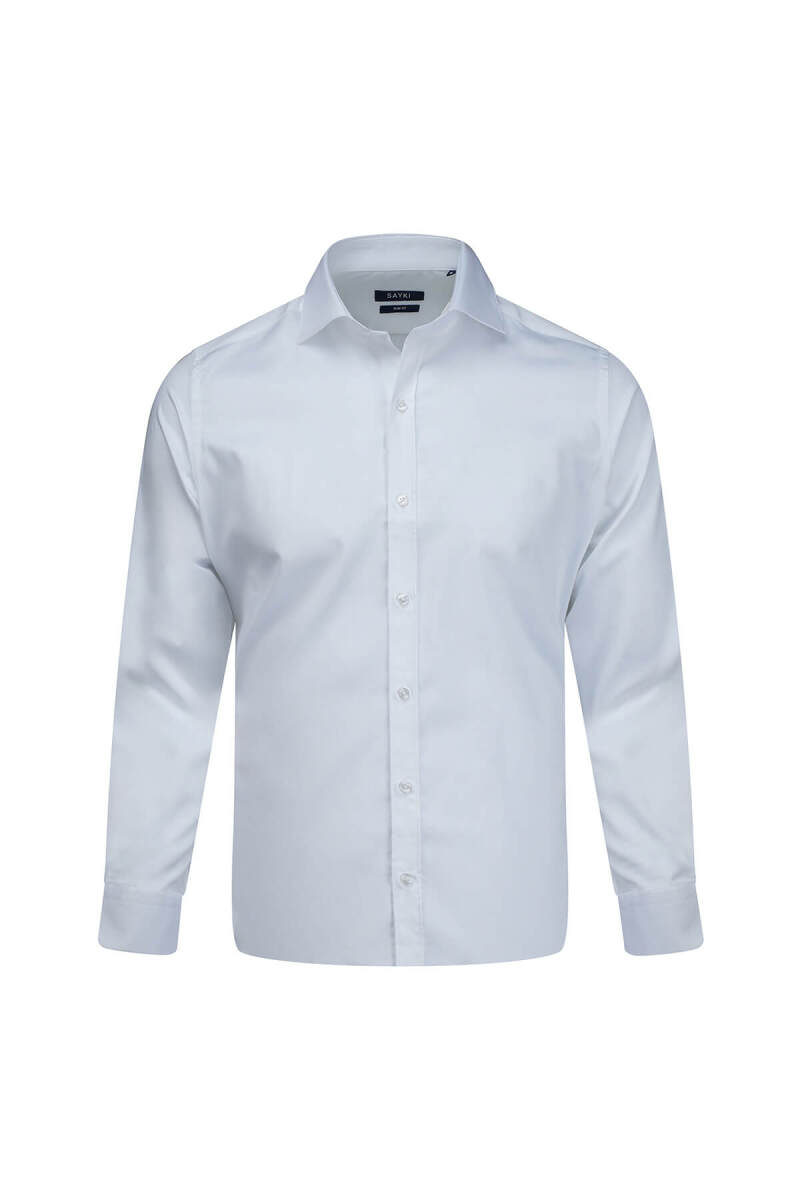 Beyaz Slim Fit Açık İtalyan Yaka Pamuklu Saten Uzun Kollu Gömlek