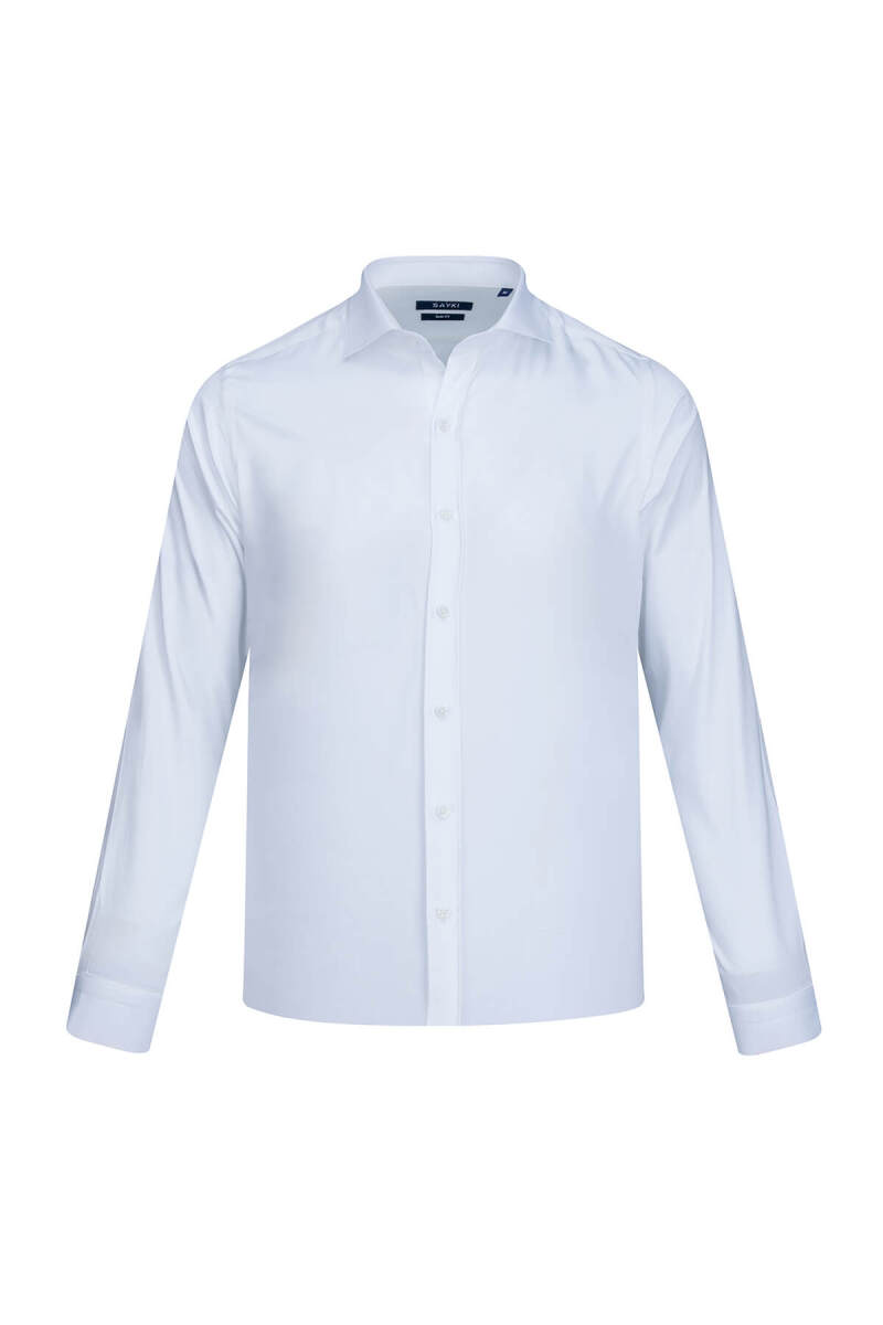 Beyaz Slim Fit Açık İtalyan Yaka Uzun Kollu Saten Gömlek