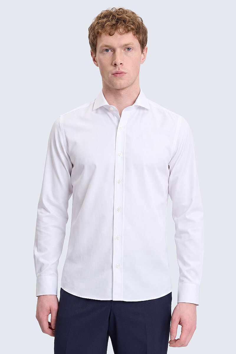 Beyaz Slim Fit Açık İtalyan Yaka Uzun Kollu Saten Gömlek