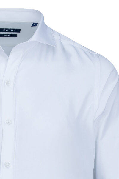 Beyaz Slim Fit Açık İtalyan Yaka Uzun Kollu Saten Gömlek - 2