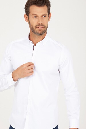 Beyaz Slim Fit Biyeli Gömlek - Thumbnail