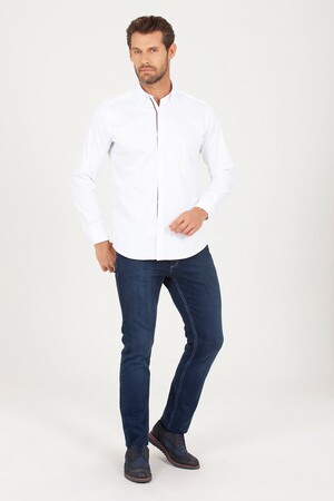 Beyaz Slim Fit Biyeli Gömlek - Thumbnail