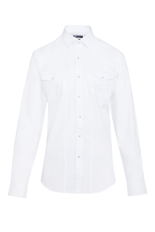HTML - Beyaz Slim Fit Düz 100% Pamuk Düğmeli Yaka Uzun Kollu Casual Oxford Gömlek