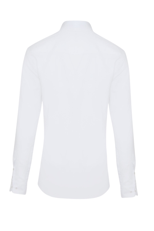 Beyaz Slim Fit Düz 100% Pamuk Düğmeli Yaka Uzun Kollu Casual Oxford Gömlek - Thumbnail (1)