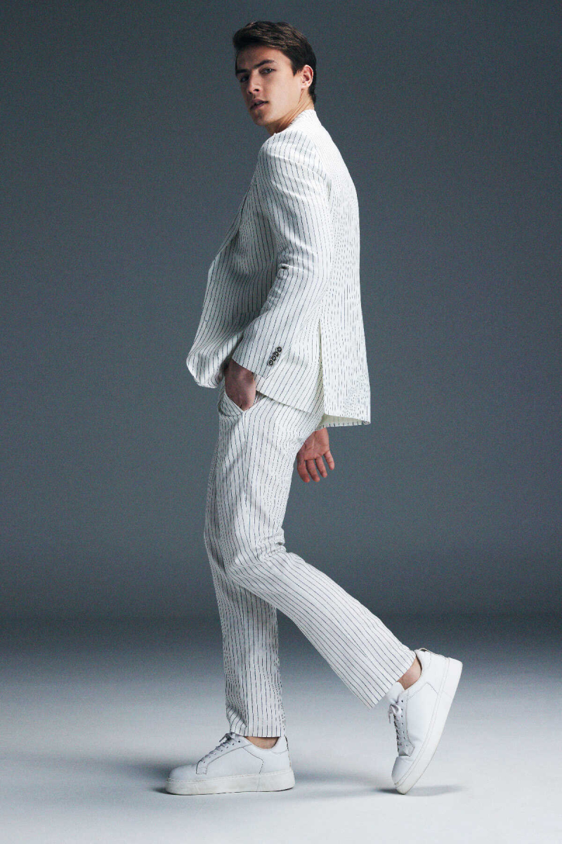 Beyaz Slim Fit Çizgili Kruvaze Keten Takım Elbise - Hatemoğlu