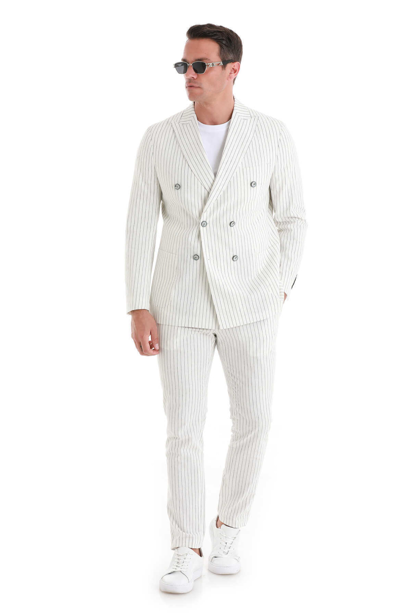 Beyaz Slim Fit Çizgili Kruvaze Keten Takım Elbise - Hatemoğlu (1)