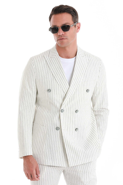 Beyaz Slim Fit Çizgili Kruvaze Keten Takım Elbise - 4