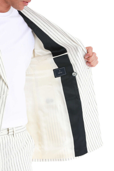 Beyaz Slim Fit Çizgili Kruvaze Keten Takım Elbise - 8