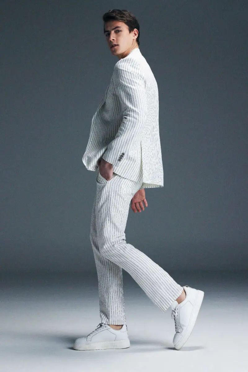 Beyaz Slim Fit Çizgili Kruvaze Keten Takım Elbise - Hatemoğlu