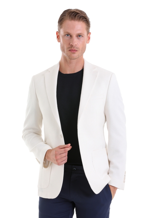 Hatem Saykı - Beyaz Slim Fit Desenli Mono Yaka Casual Ceket