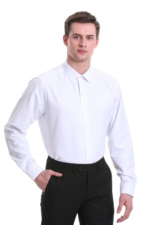 Beyaz Slim Fit Desenli Pamuklu Slim Yaka Uzun Kollu Klasik Gömlek - Thumbnail