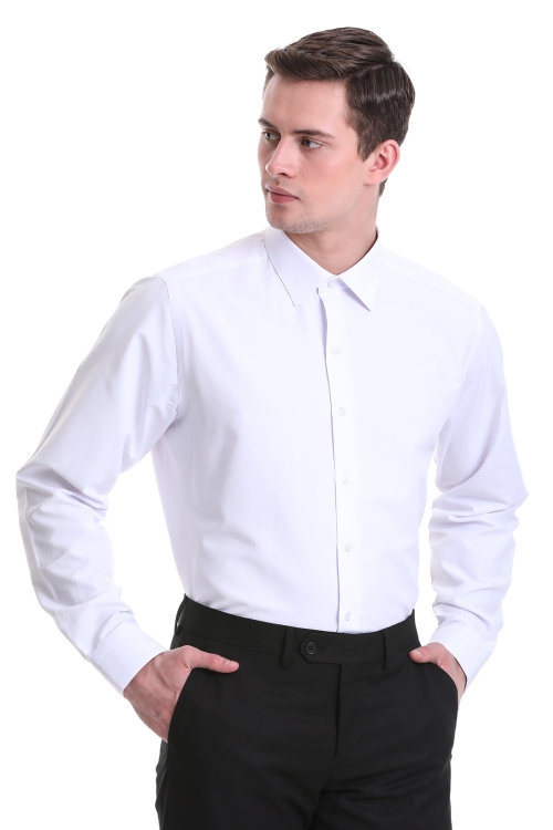 Beyaz Slim Fit Desenli Pamuklu Slim Yaka Uzun Kollu Klasik Gömlek - Thumbnail (1)