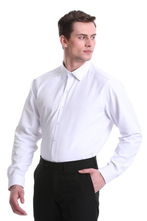 Beyaz Slim Fit Desenli Pamuklu Slim Yaka Uzun Kollu Klasik Gömlek - Thumbnail