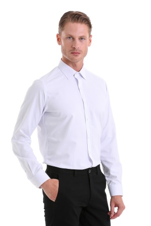 Beyaz Slim Fit Desenli Pamuklu Slim Yaka Uzun Kollu Spor Gömlek - Thumbnail