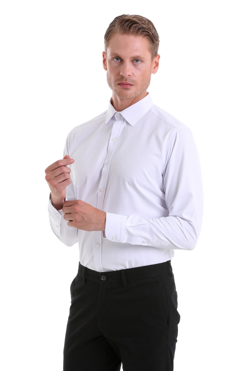 Beyaz Slim Fit Desenli Pamuklu Slim Yaka Uzun Kollu Spor Gömlek - Thumbnail (2)