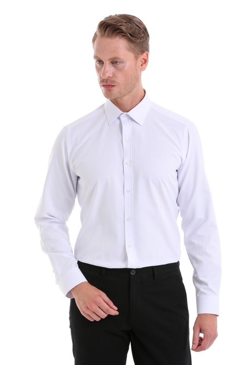 Beyaz Slim Fit Desenli Pamuklu Slim Yaka Uzun Kollu Spor Gömlek - Thumbnail (3)