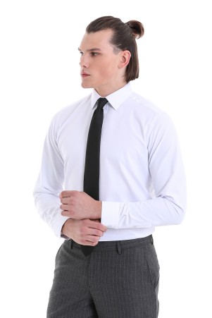 Beyaz Slim Fit Desenli Pamuklu Uzun Kollu Klasik Gömlek - Thumbnail