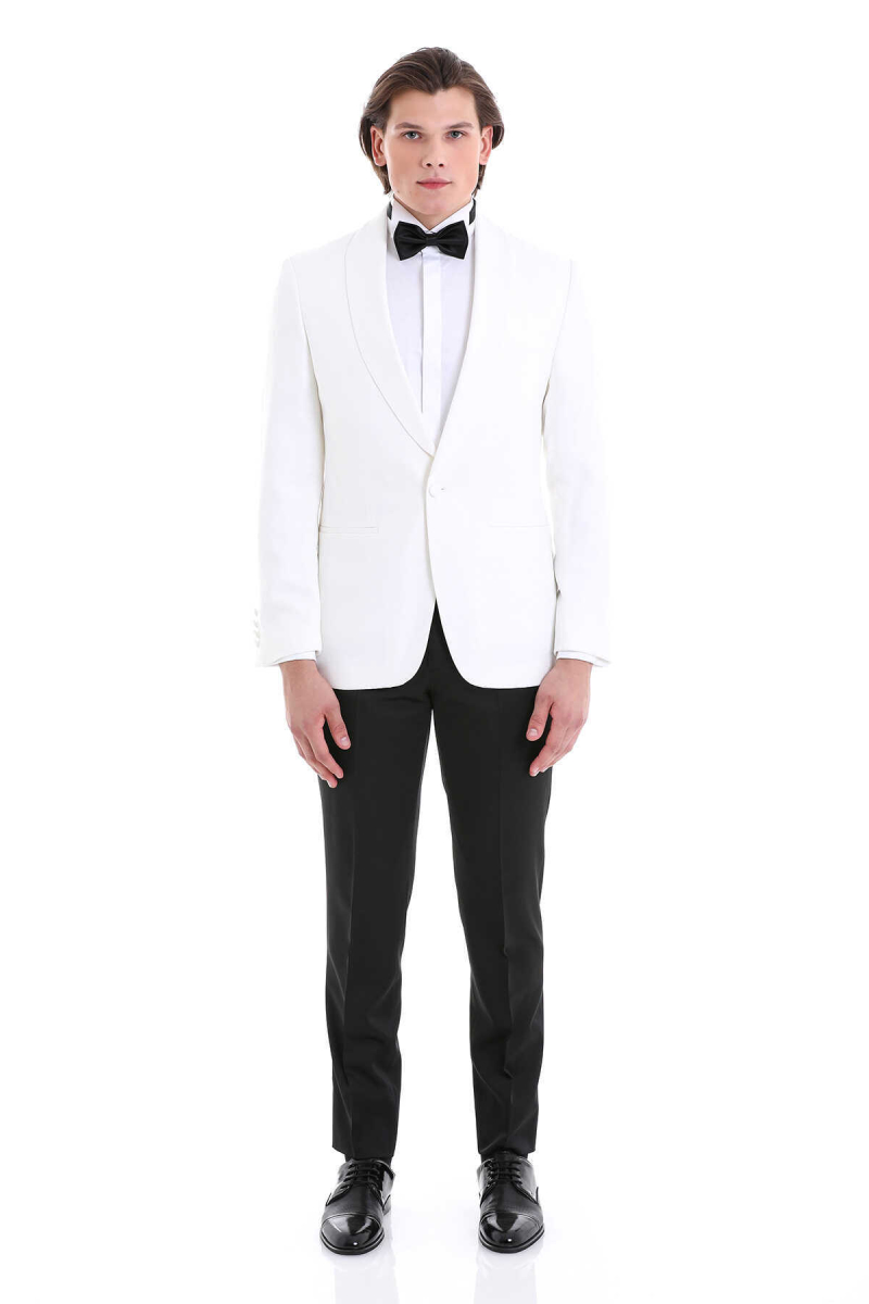 Beyaz Slim Fit Desenli Şal Yaka Klasik Damatlık - Hatem Saykı