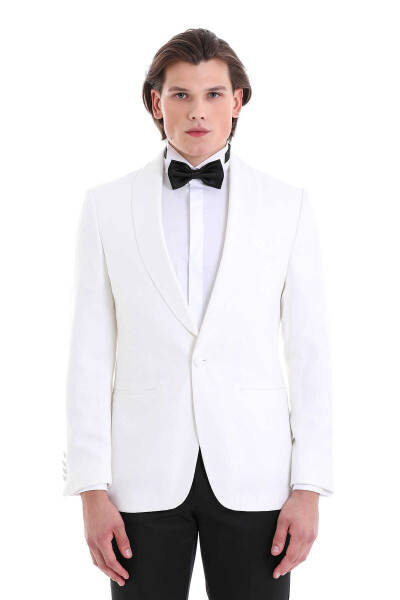 Beyaz Slim Fit Desenli Şal Yaka Klasik Damatlık - 2