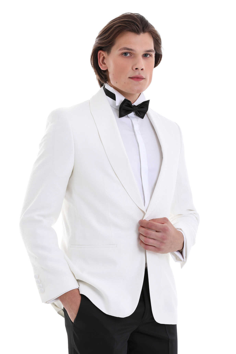 Beyaz Slim Fit Desenli Şal Yaka Klasik Damatlık - Hatem Saykı (1)