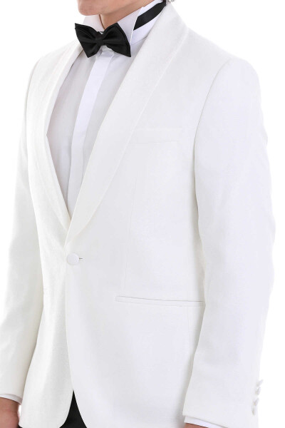 Beyaz Slim Fit Desenli Şal Yaka Klasik Damatlık - 7