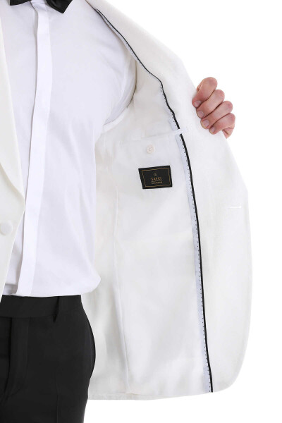 Beyaz Slim Fit Desenli Şal Yaka Klasik Damatlık - 8