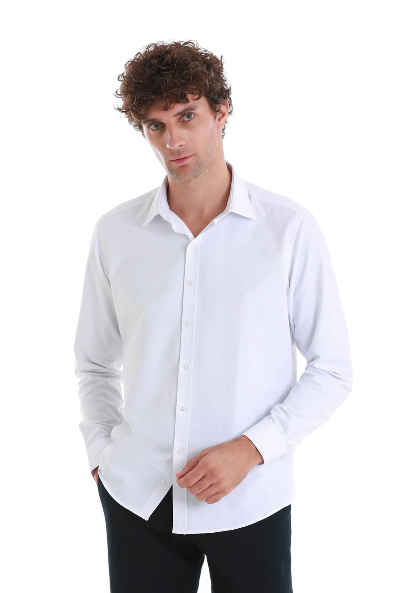 Beyaz Slim Fit Slim Yaka Pamuklu Uzun Kollu Gömlek - Hatemoğlu