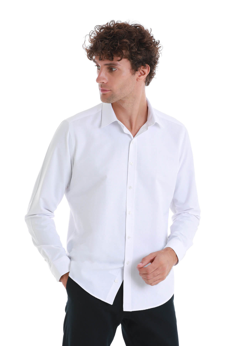 Beyaz Slim Fit Slim Yaka Pamuklu Uzun Kollu Gömlek - Hatemoğlu (1)