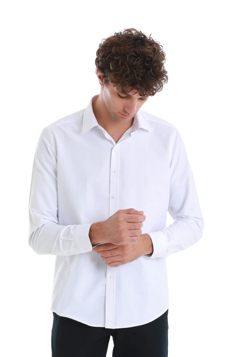 Beyaz Slim Fit Slim Yaka Pamuklu Uzun Kollu Gömlek - Hatemoğlu (1)